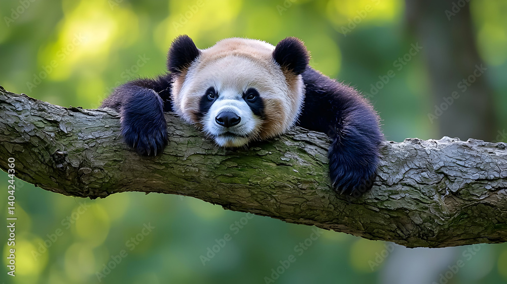 Relaxed Panda On Tree Branch In Forest