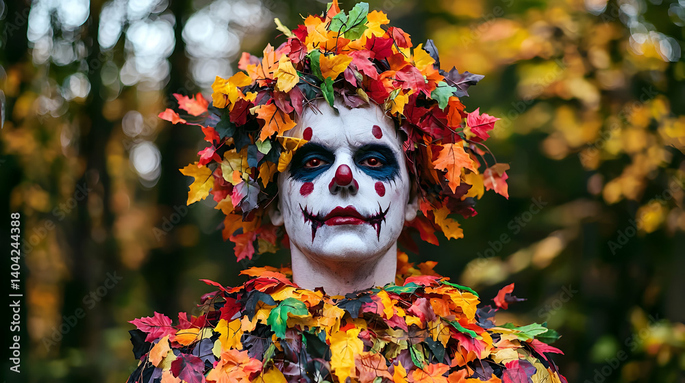 Clown Portrait with Autumn Leaf Crown and Makeup in a Forest Setting