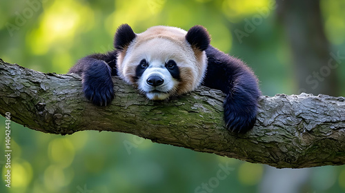 Obraz na płótnie Relaxed Panda On Tree Branch In Forest w salonie