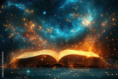 Open book illuminated by cosmic light, surrounded by stars and swirling galaxies in space