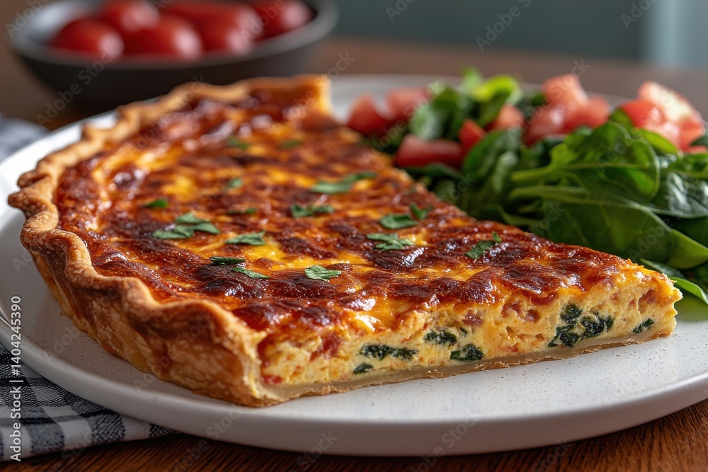 Savory quiche with spinach and tomatoes on a plate, garnished, with a salad in the background Savory quiche with spinach and tomatoes on a plate, garnished, with a salad in the background