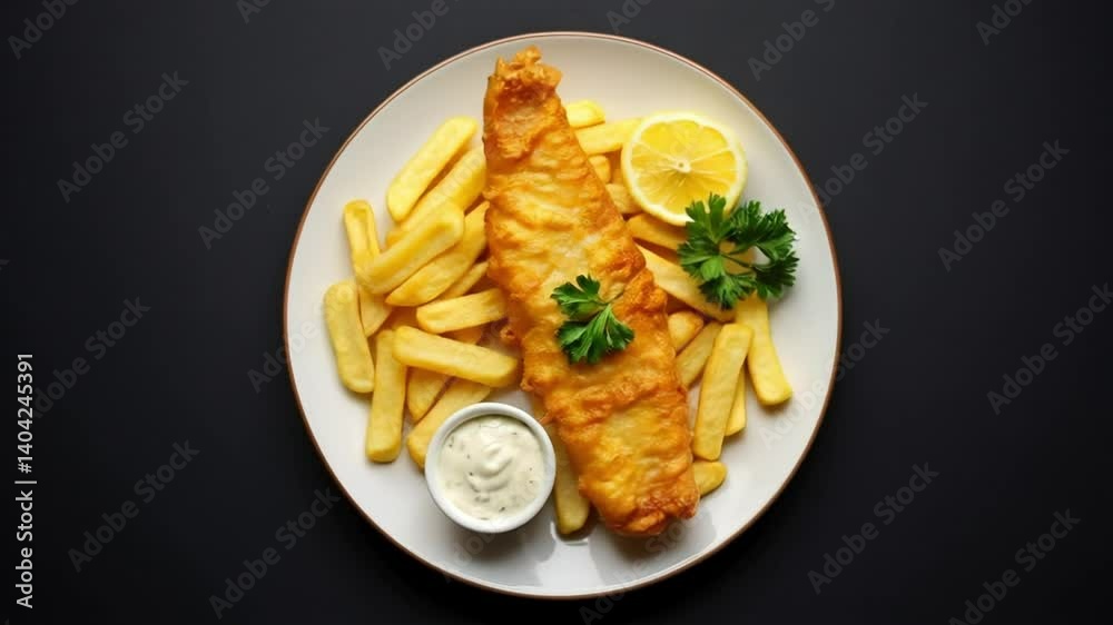 A high-angle, close-up shot of a plate of classic fish and chips. A high-angle, close-up shot of a plate of classic fish and chips.