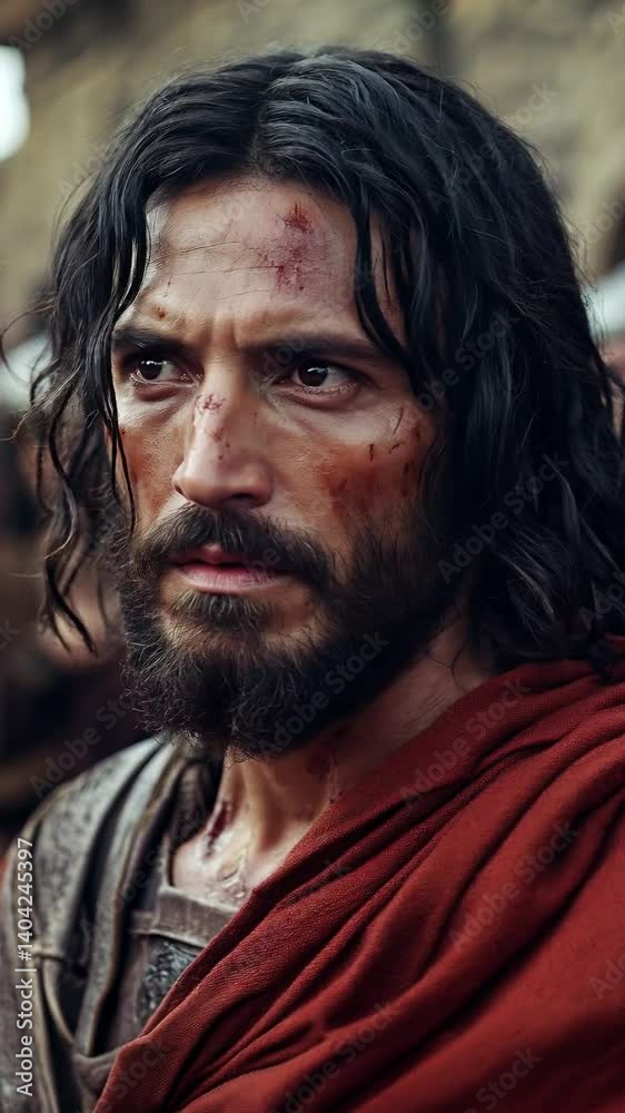 Portrait of Jesus Christ on ancient Jerusalem with serious expression on a cinematic scene Portrait of Jesus Christ on ancient Jerusalem with serious expression on a cinematic scene