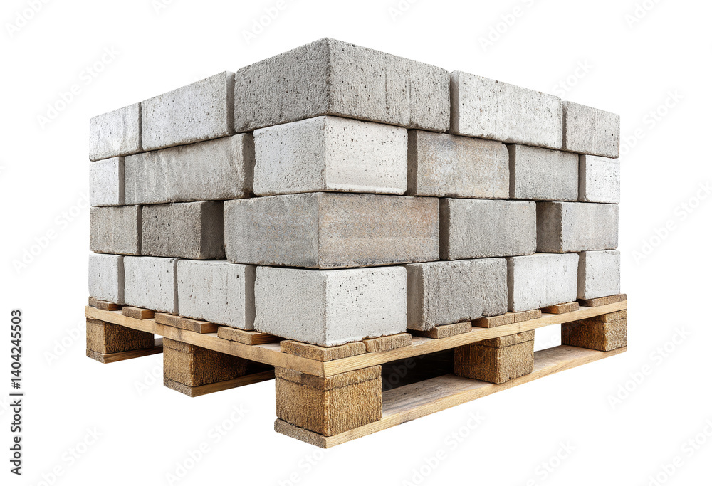 Obraz premium Grey Concrete Cinder Blocks on Wooden Pallet Stack isolated on transparent background