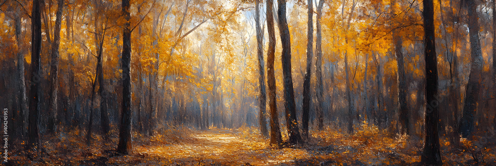 A Symphony of Autumn: The Enchanting Dance of Golden Leaves in a Tranquil Forest Setting A Symphony of Autumn: The Enchanting Dance of Golden Leaves in a Tranquil Forest Setting