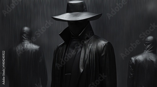 Monochromatic enigma: Faceless figures shrouded in rain and shadowy mystique