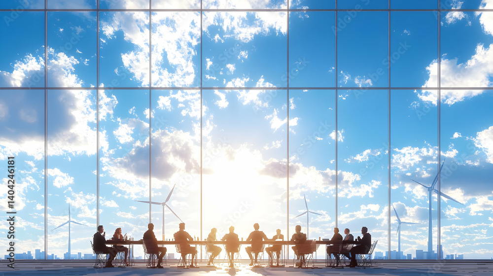 Silhouetted Business Team Meeting in Modern Office with Panoramic Window and Bright Sunlight