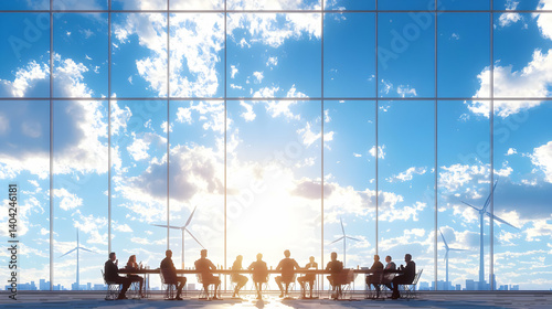 Obraz na płótnie Silhouetted Business Team Meeting in Modern Office with Panoramic Window and Bright Sunlight w salonie