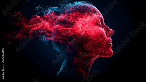 Obraz na płótnie Digital Art Silhouette Of A Woman's Face With Red And Blue Particle Effects Against Dark Background w salonie
