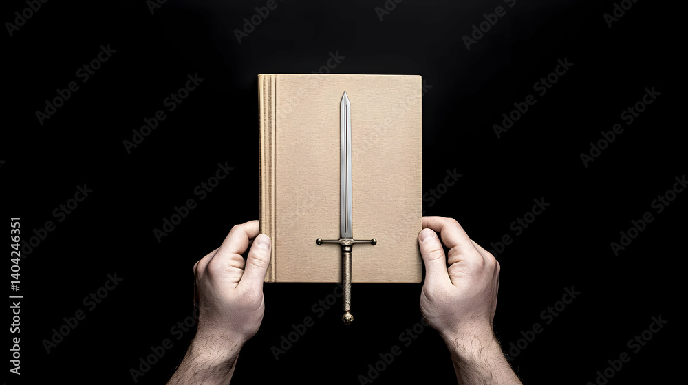 Person Holding Book with Gold Sword on Black Background