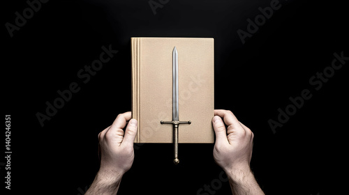 Obraz na płótnie Person Holding Book with Gold Sword on Black Background w salonie