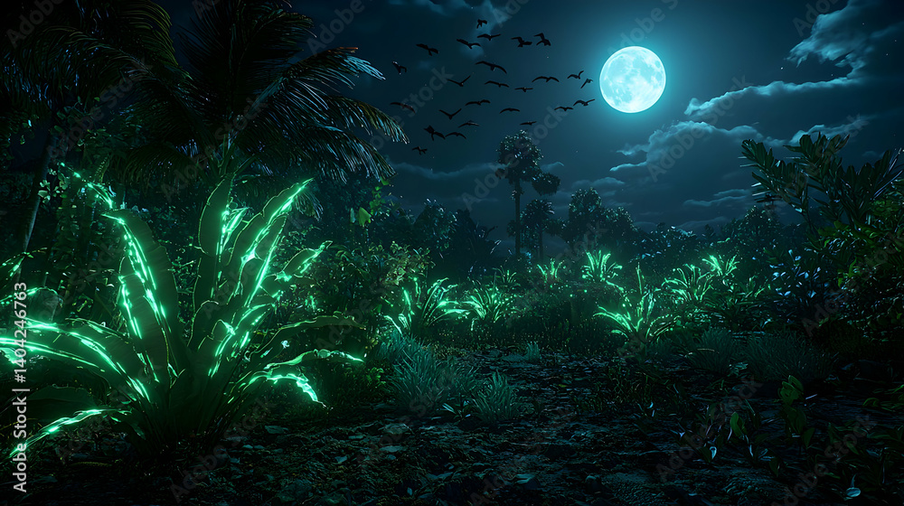 Pixelated Night Scene with Moon Shining over Forest Vegetation and Flying Birds