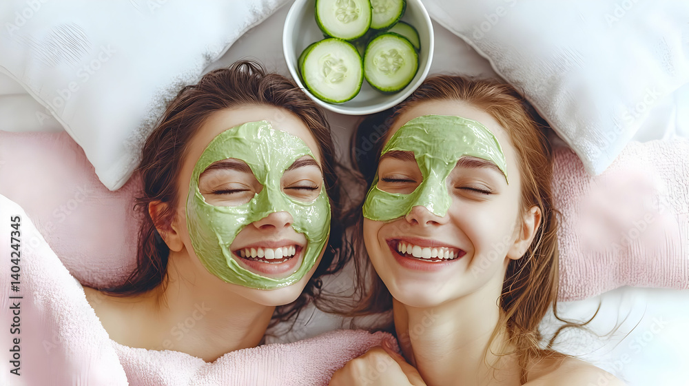 Two Young Women With Green Face Masks Relaxing On Bed