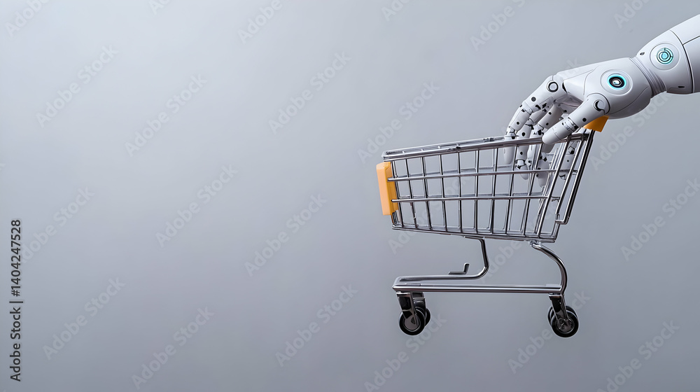 Robotic Hand Pushing Shopping Cart on Gray Background Representing Technology and Commerce