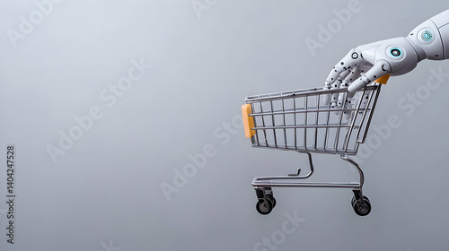 Obraz na płótnie Robotic Hand Pushing Shopping Cart on Gray Background Representing Technology and Commerce w salonie