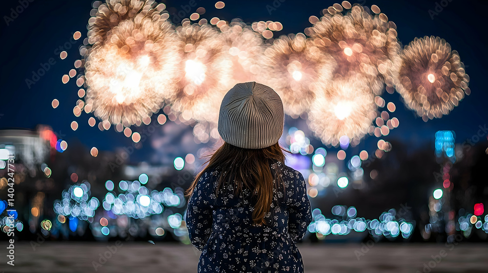 Woman Watching Fireworks Display Against a Dark Sky with City Lights
