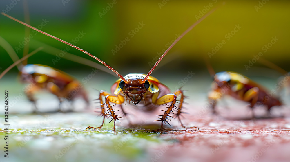 Close Up Shot of Cockroaches Crawling on a Textured Surface Showing Detail of Antennae and Legs