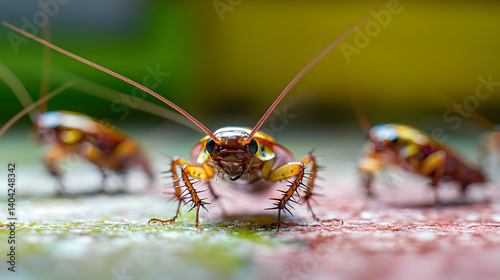 Obraz na płótnie Close Up Shot of Cockroaches Crawling on a Textured Surface Showing Detail of Antennae and Legs w salonie