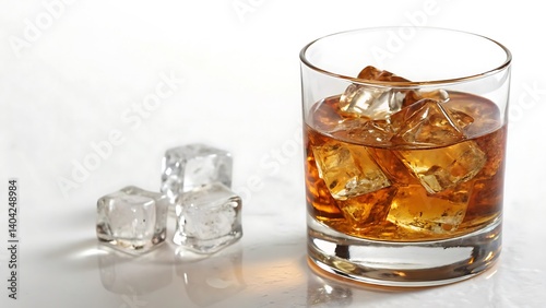 whiskey with ice on white background