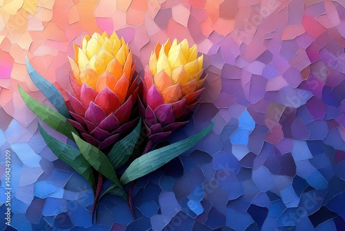 Vibrant paper art of two tropical flowers against a colorful abstract background