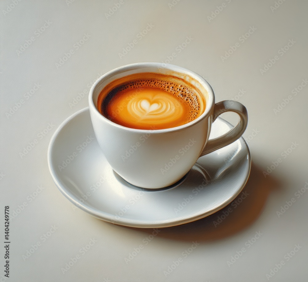 Hyperrealistic Minimalist Still Life of Coffee in White Cup with Milk Foam Texture on Saucer Hyperrealistic Minimalist Still Life of Coffee in White Cup with Milk Foam Texture on Saucer