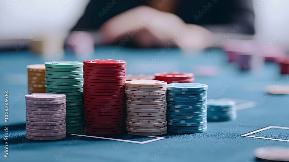 Stacks Of Poker Chips On A Green Table With Out Of Focus Hands And A Blue Background