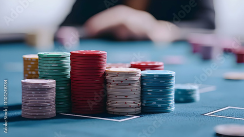 Obraz na płótnie Stacks Of Poker Chips On A Green Table With Out Of Focus Hands And A Blue Background w salonie