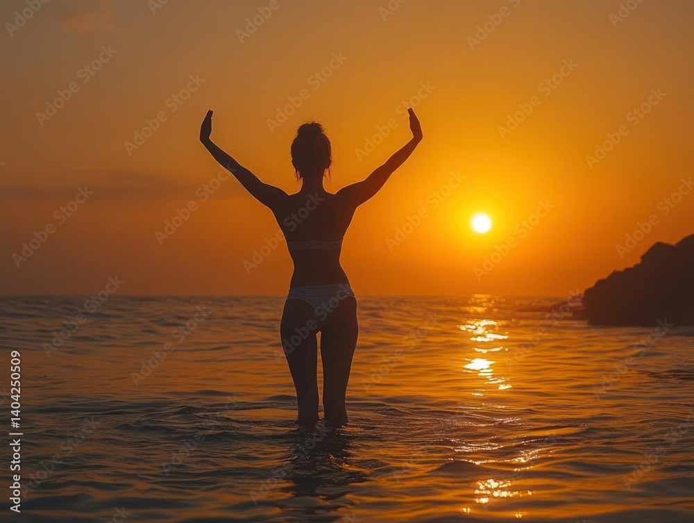 Silhouetted woman enjoying sunset beach Silhouetted woman enjoying sunset beach