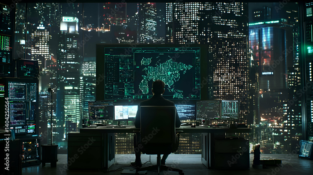 Night City Hacker Monitoring Data on Multiple Screens