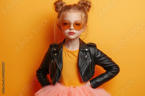 Young girl in a leather jacket and sunglasses poses confidently against a bright yellow backdrop