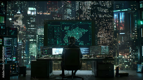Obraz na płótnie Night City Hacker Monitoring Data on Multiple Screens w salonie