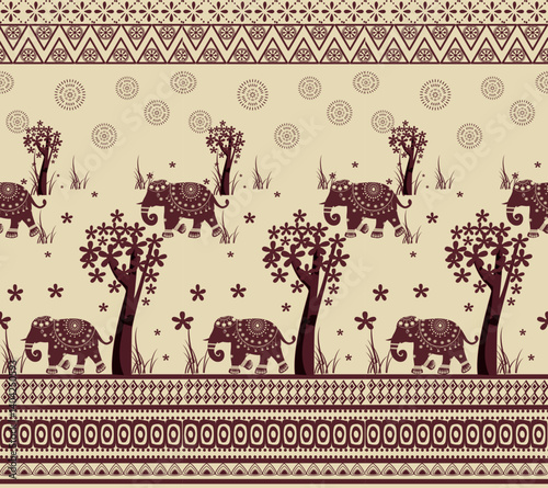 Elephant seamless tribal pattern with mocha mousse background 