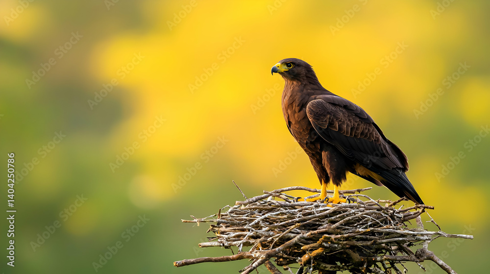 Brown Eagle Perched Atop Nest Against Yellow And Green Blurred Background in Natural Habitat
