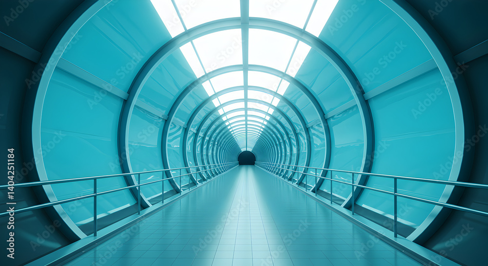 Fototapeta premium Futuristic Blue Tunnel with Geometric Metal Architecture and Bright Light Seamless Indoor Perspective