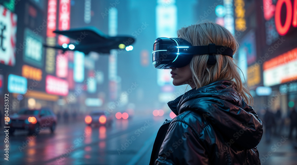 futuristic cityscape with neon signs and flying vehicles, blonde woman with futuristic haircut and futuristic VR glasses with neon glow in a futuristic fashion glossy coat standing on the street ill futuristic cityscape with neon signs and flying vehicles, blonde woman with futuristic haircut and futuristic VR glasses with neon glow in a futuristic fashion glossy coat standing on the street ill