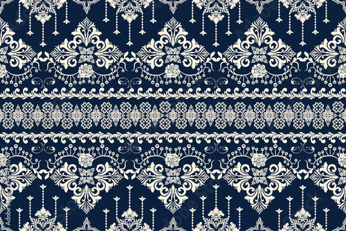 Vector damask border pattern on navy blue background for saree Indian .