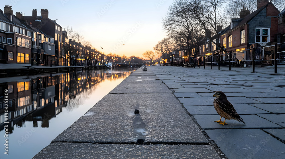 Sunrise Canal Scene With Bird On Cobblestone Path