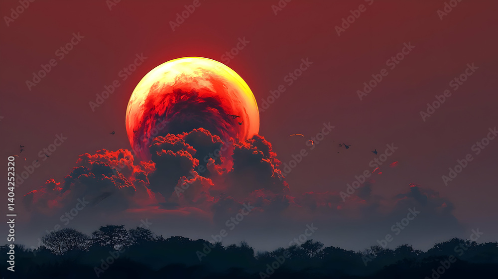 Pixelated Red Moon Sunrise Over Dark Clouds