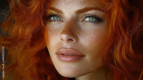 A serene red-haired woman in her 60s smiling and gazing upward with hope and wisdom thinking about the future