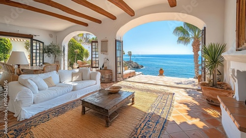 Luxurious coastal living room with ocean views