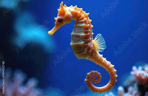 Orange seahorse, Phyllopteryx taeniolatus, swims in aquarium. Sea creature in blue water with coral. Exotic marine life in saltwater. Close-up of aquatic animal, hippocampus. Diving, ocean life, photo