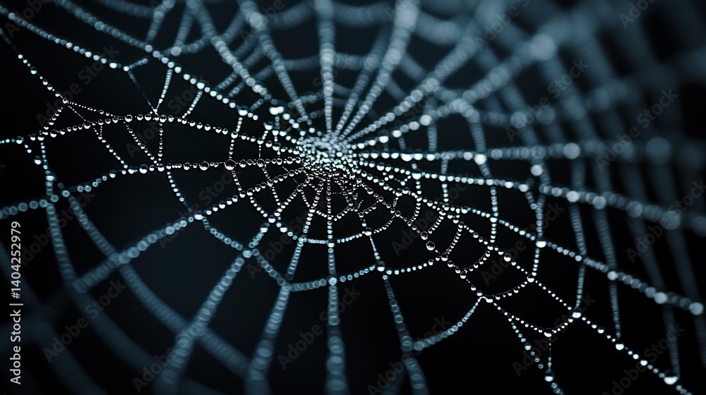 Naklejka premium Spiderweb adorned with dewdrops exhibiting natural artistic beauty on dark background