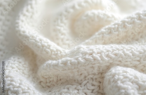 Close-up, high-angle shot white knitted wool textile material background. Warm white crochet cotton fabric woven canvas texture. Soft woolen material texture, white clothing, sweater design, craft.