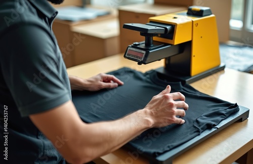 Man using heat transfer press machine to print design on black t-shirt. Textile printing process in workshop. Custom clothing design, garment production. Heat press application.