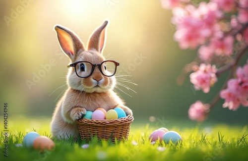 Easter bunny with glasses sits on green lawn next basket with eggs. Fluffy rabbit on sunny spring day, cherry blossoms bloom. Easter egg hunt, spring holiday celebration, religion concept, festive