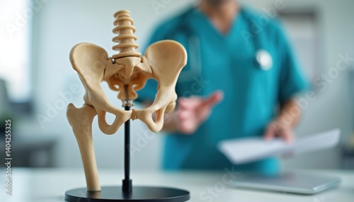Doctor examines a model of human hip joint. Hip replacement medical concept. Healthcare and orthopedic surgery, modern tech solutions for bone and joint problems. photo