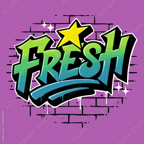 Graffiti text FRESH with star icon, halftone texture, and brick wall background. Urban street art style perfect for stickers, apparel, and motivational content.