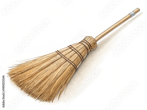 The besom has a long, slender wooden handle, suggesting it's made from a branch or a similarly thin piece of wood