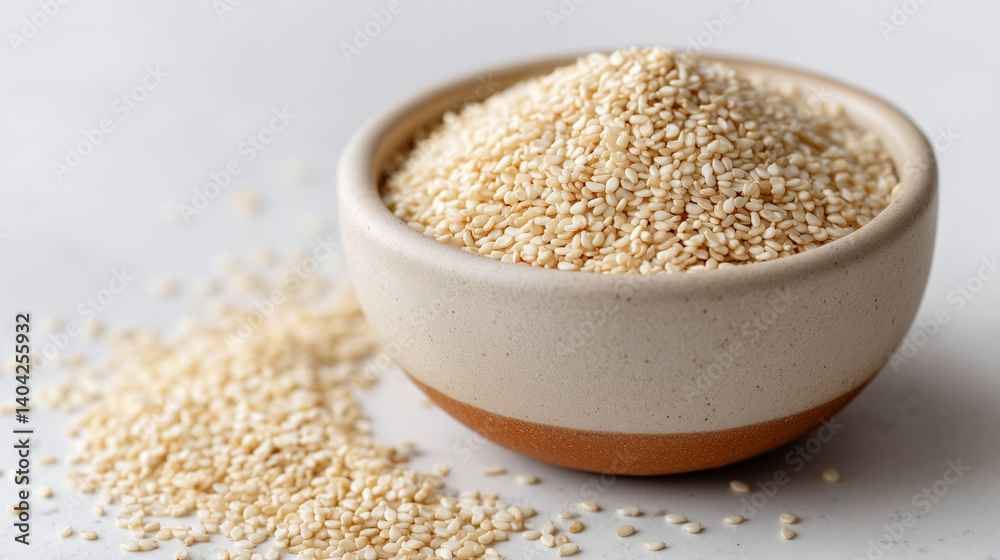 A bowl overflowing with sesame seeds rests on a white surface, some seeds are spilled next to the bowl. A bowl overflowing with sesame seeds rests on a white surface, some seeds are spilled next to the bowl.