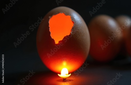 Candling egg showing inside with light. Hatching new life process. New life embryo development eggshell. Light shines through eggshell, showing veins. Brooding, incubation, chicken, chick development